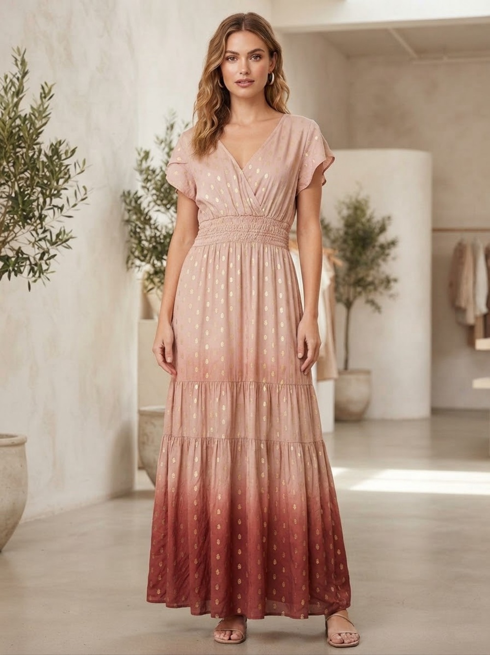Sweet Magnolia Pink Ombre Foil Dot Tiered Maxi Dress